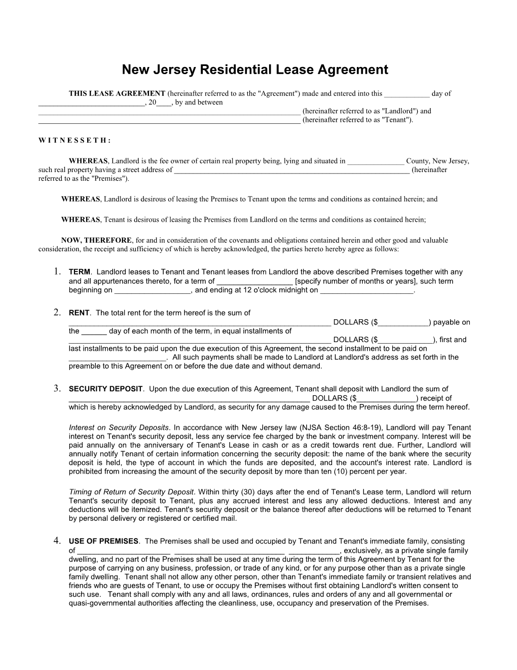 New Jersey Residential Lease Agreement