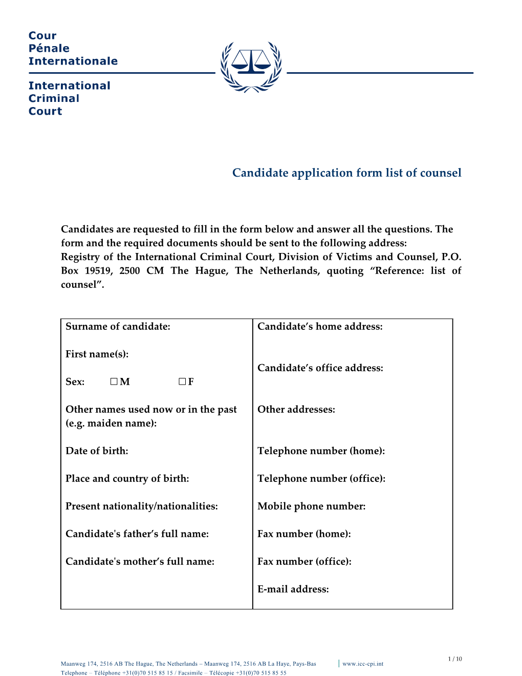 Candidate Application Form List of Counsel