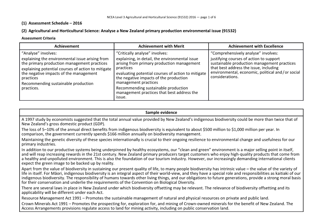 NCEA Level 3 Agricultural and Horticultural Science (91532) 2016 Assessment Schedule