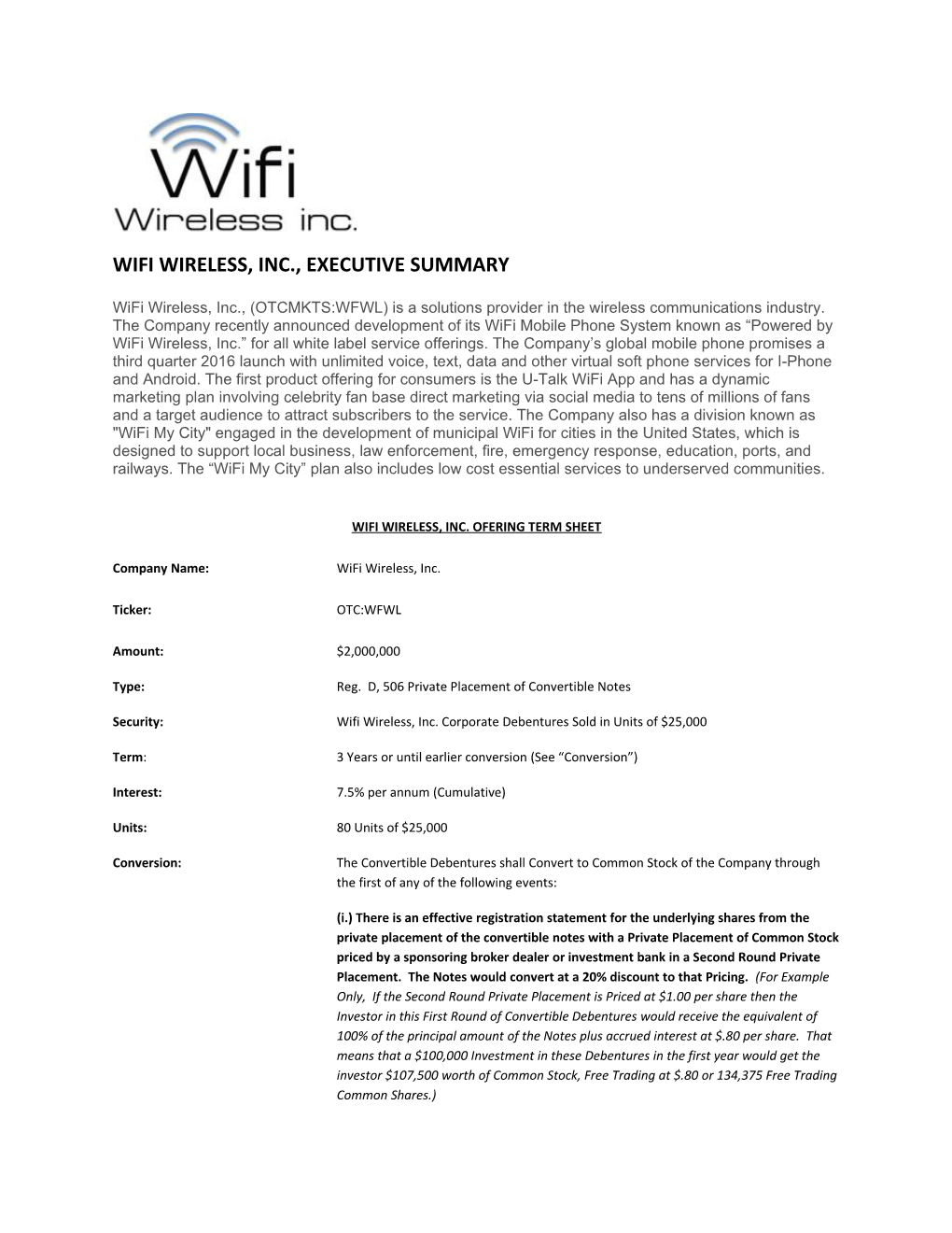 Wifi Wireless, Inc., Executive Summary