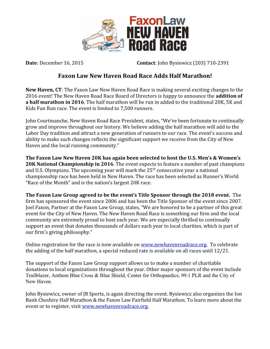 Faxon Law New Haven Road Race Adds Halfmarathon!