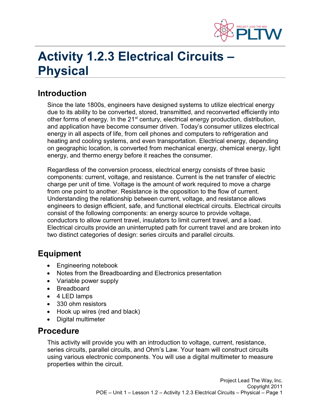 Activity 1.2.3 Electrical Circuits Physical