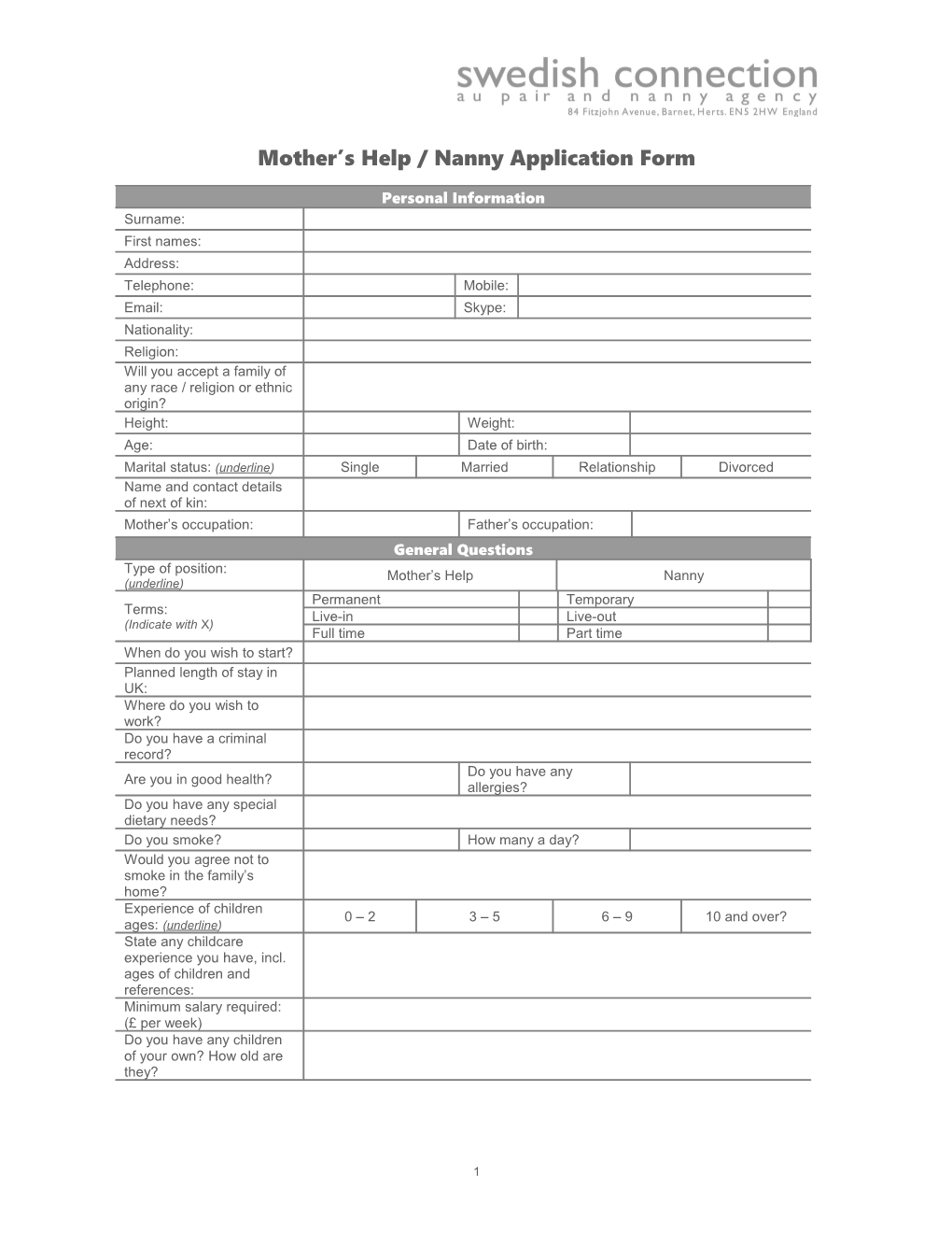 Mother S Help / Nanny Application Form
