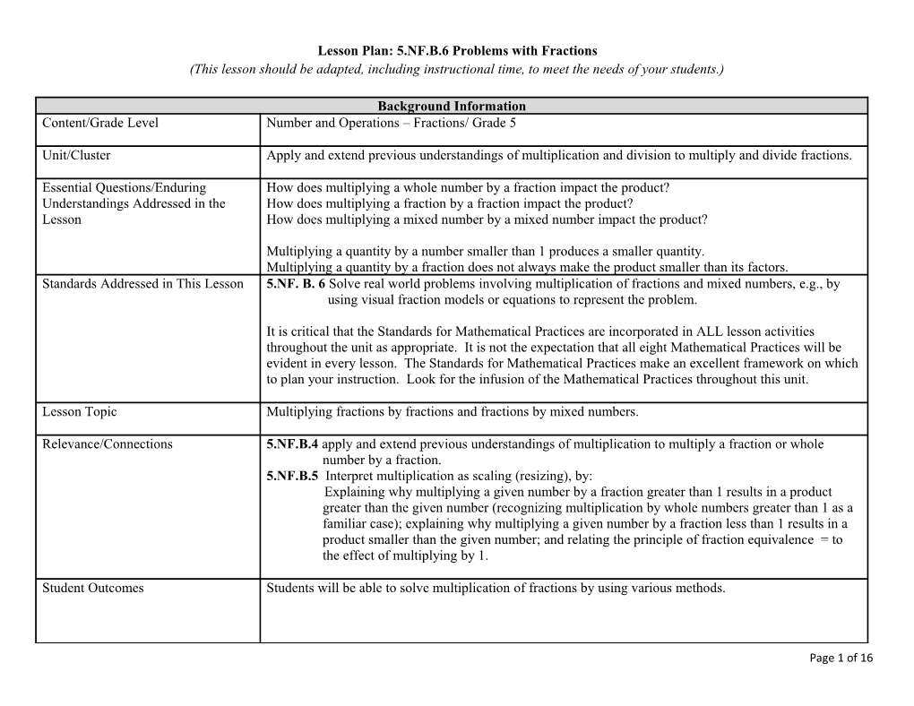 Lesson Plan: 5.NF.B.6 Problems with Fractions