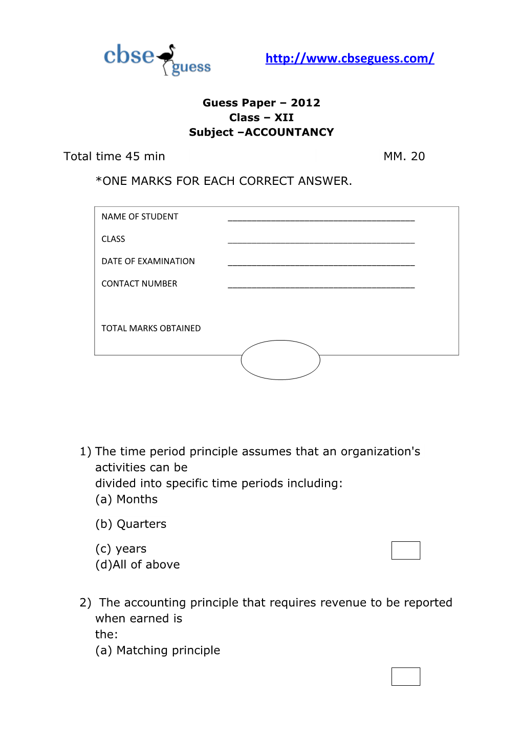 Guess Paper 2012 Class XII Subject ACCOUNTANCY