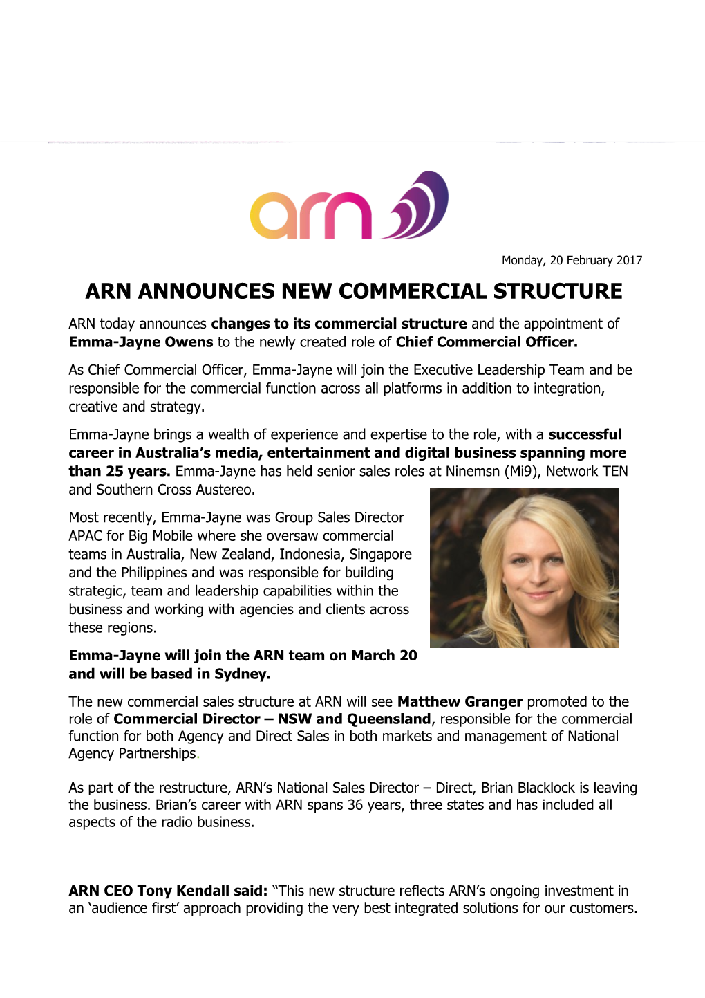 Arn Announces New Commercial Structure