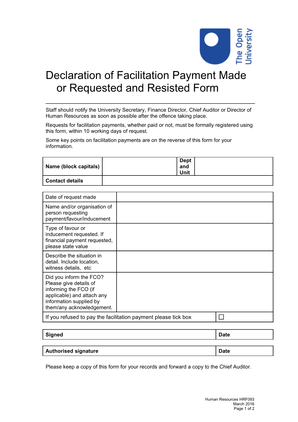 Declaration of Facilitation Payment Made Or Requested and Resisted Form HRF093