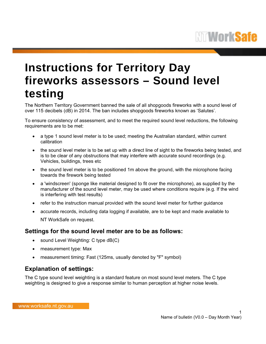 Instructions for Territory Day Fireworks Assessors Sound Level Testing