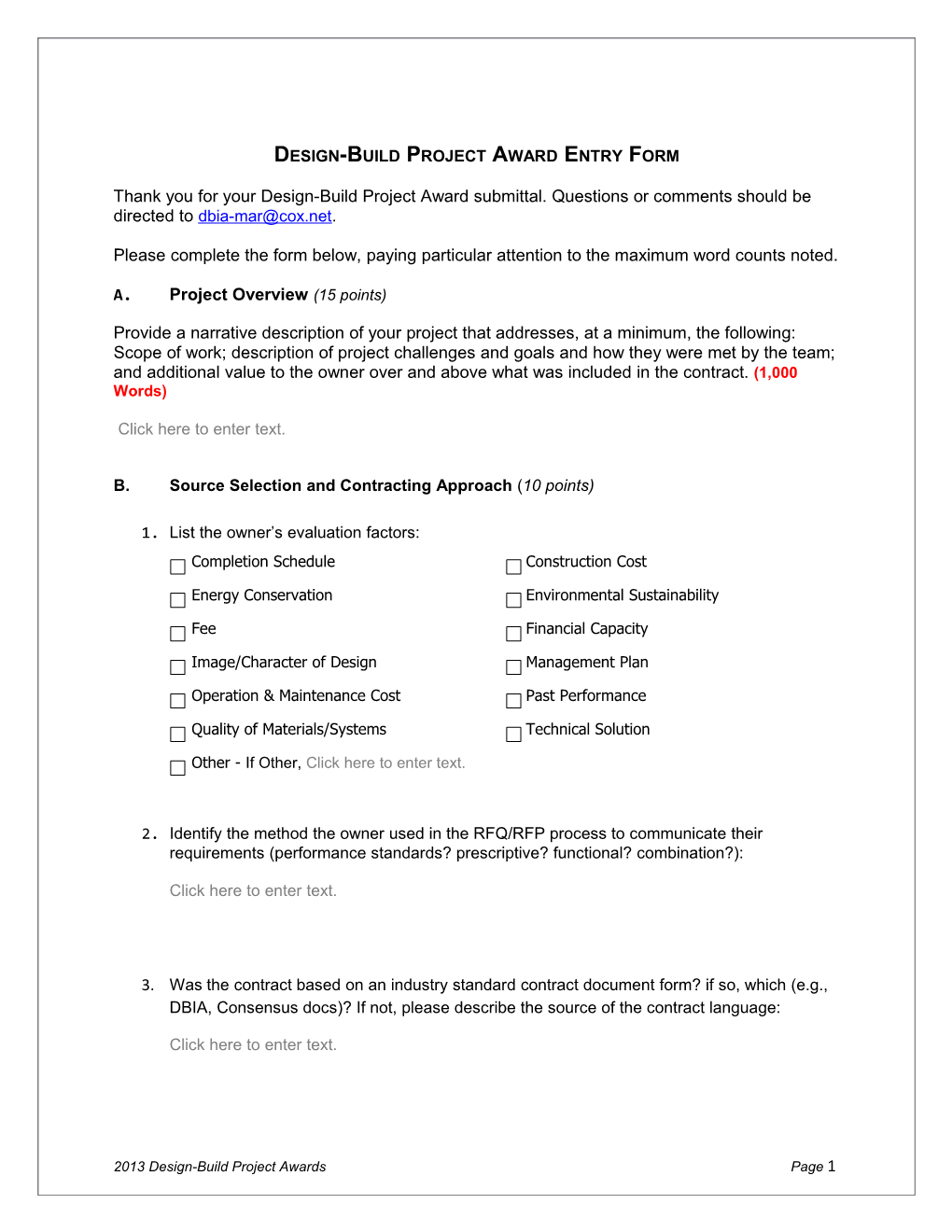 Design-Build Project Award Entry Form