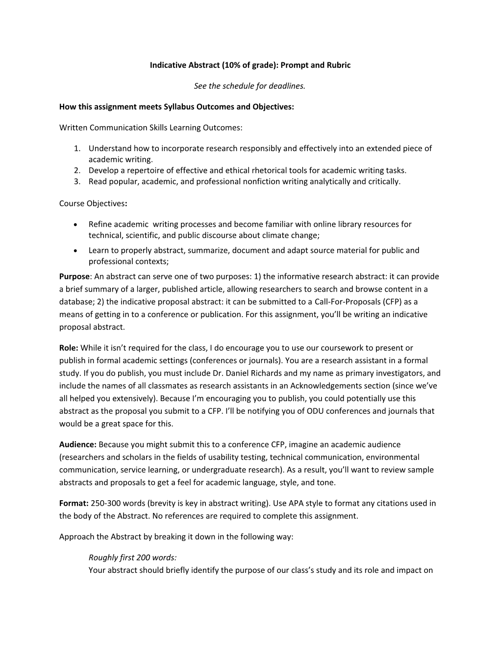 Indicative Abstract (10% of Grade): Prompt and Rubric