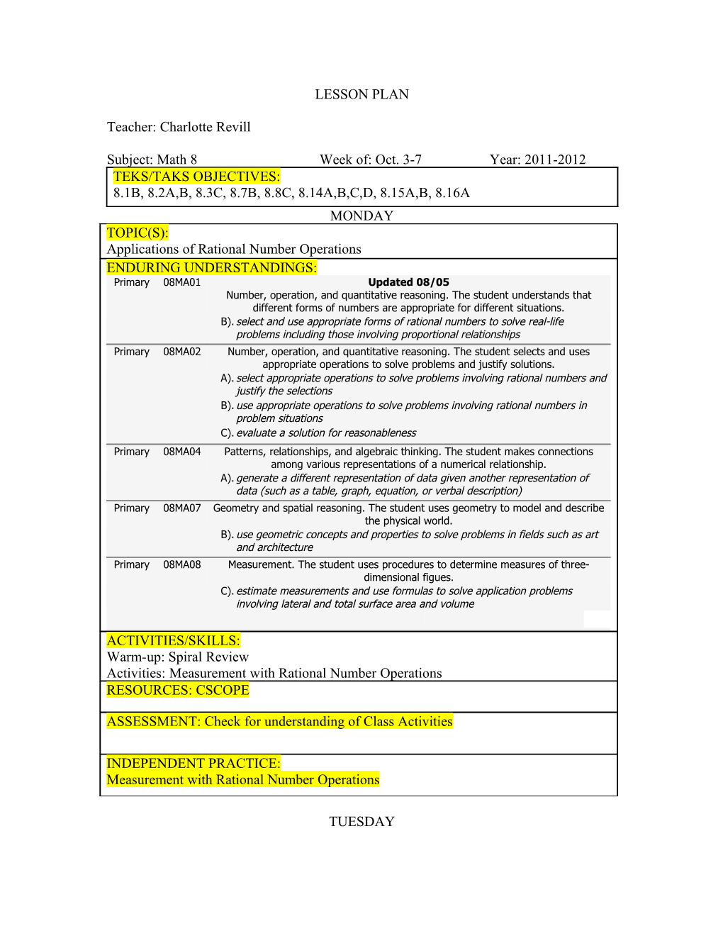 Teks/Taks Objective