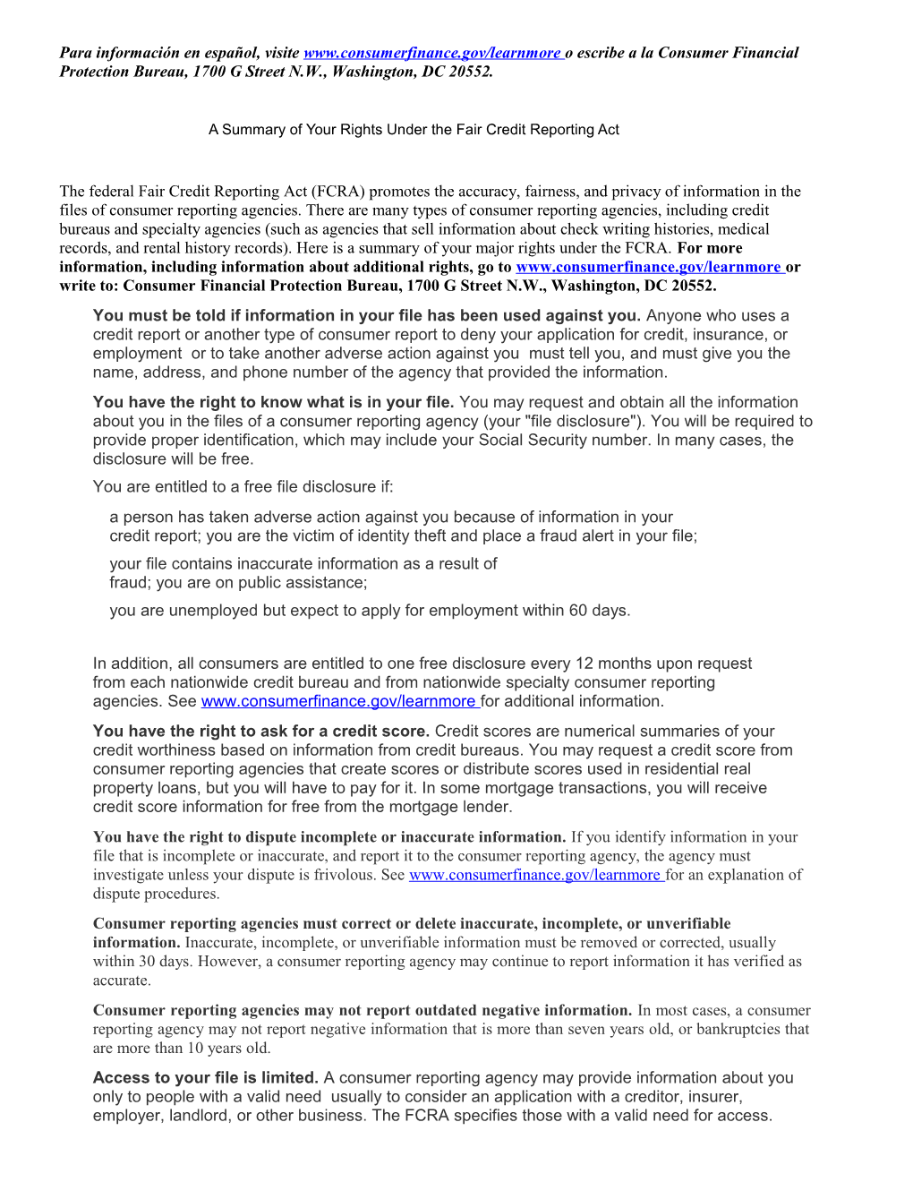 Para Información En Español, Visite O Escribe a La Consumer Financial Protection Bureau