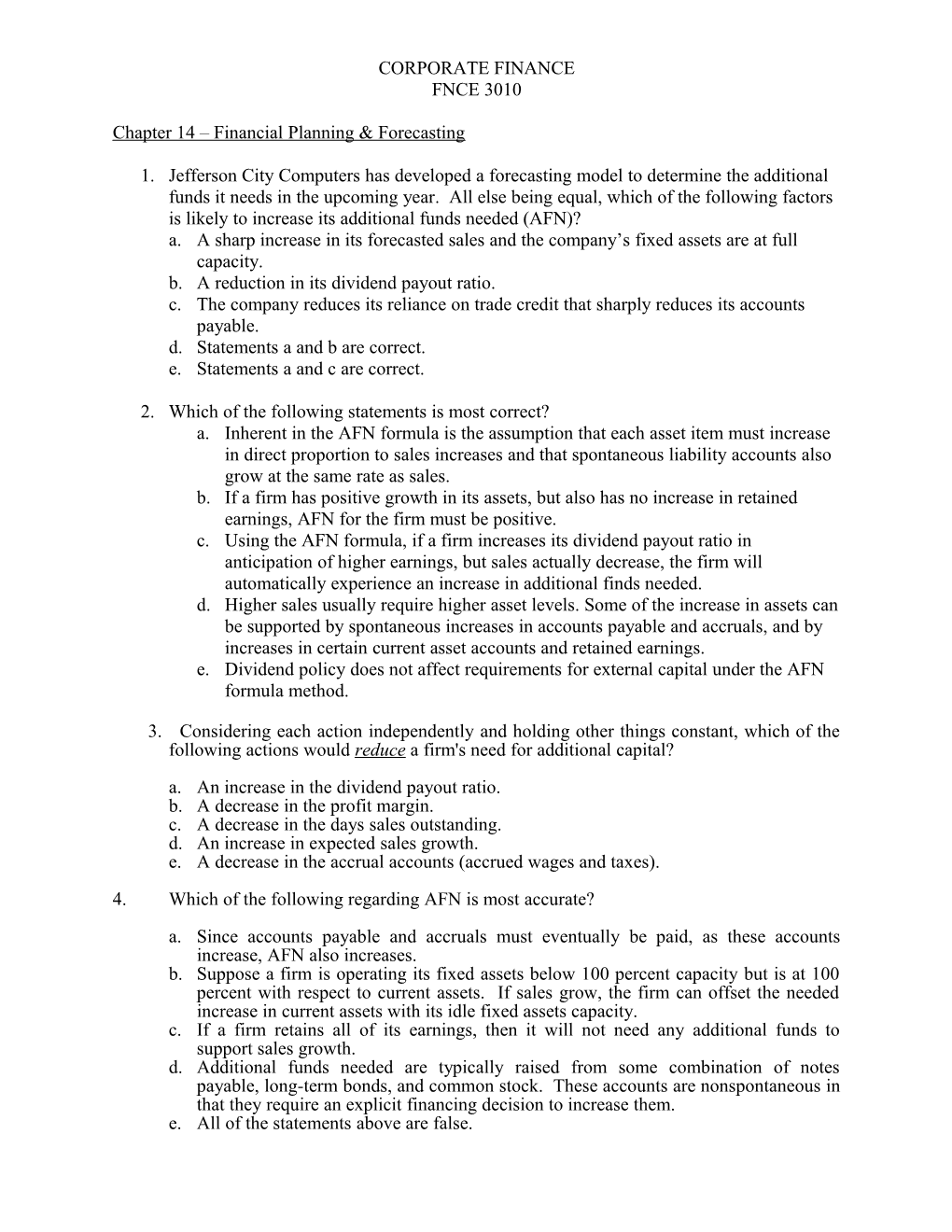 Chapter 14 Financial Planning & Forecasting