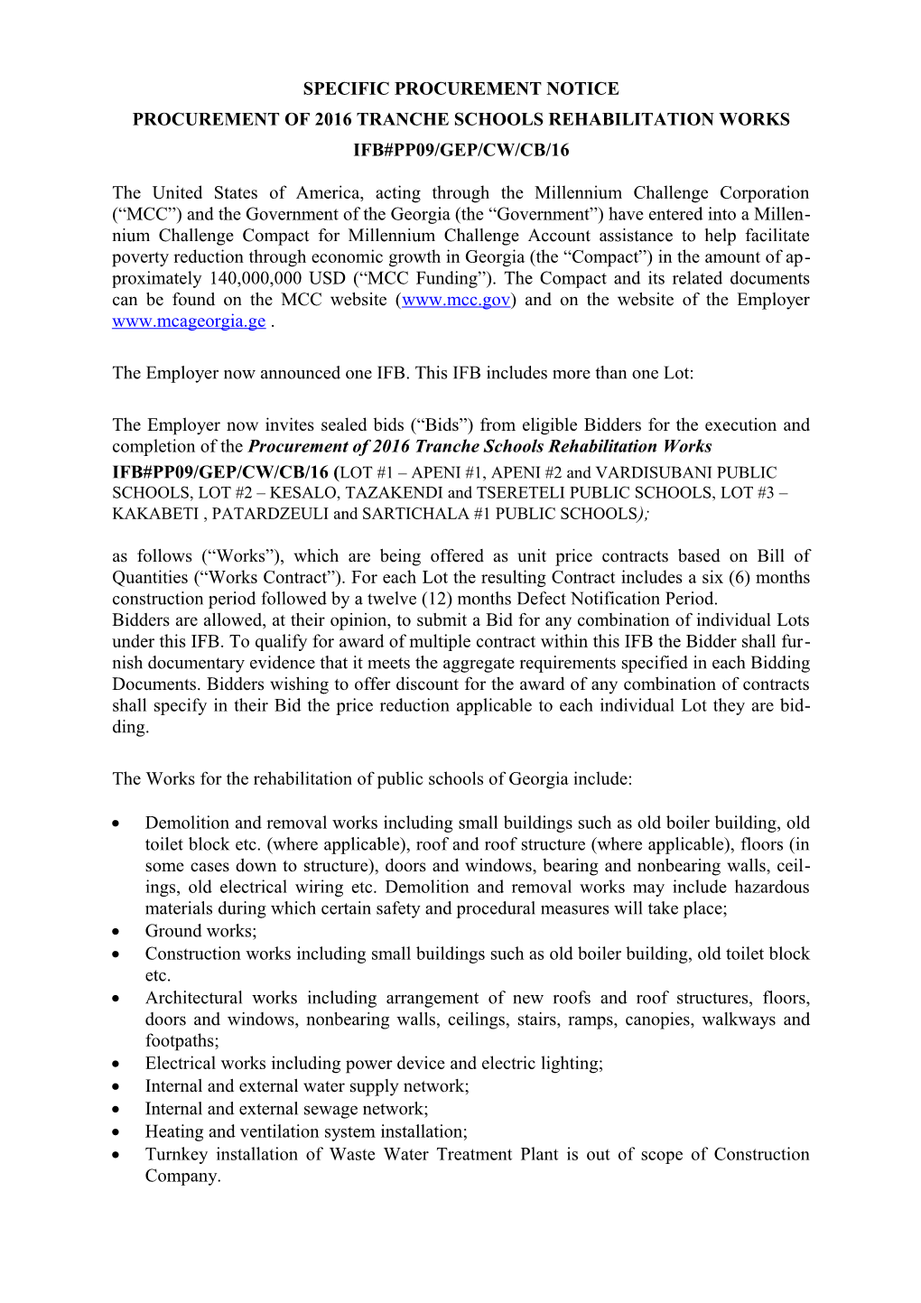 Procurement of 2016 Tranche Schools Rehabilitation Works