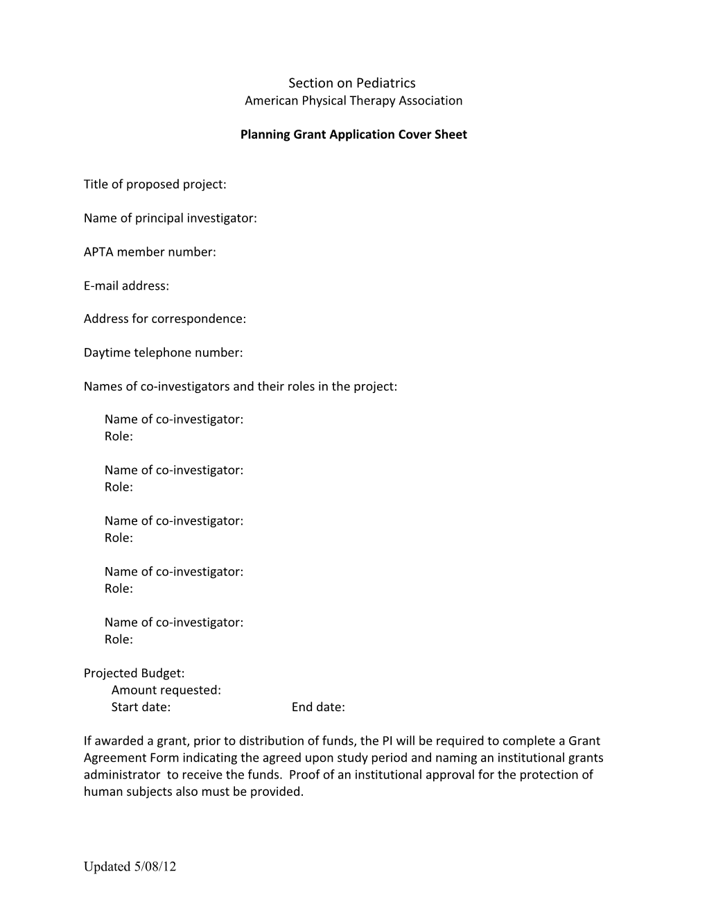 Planning Grant Application Cover Sheet