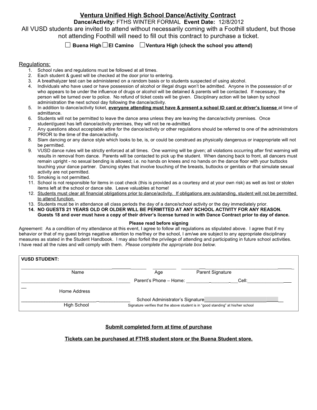 Ventura Unified High School Dance/Activity Contract