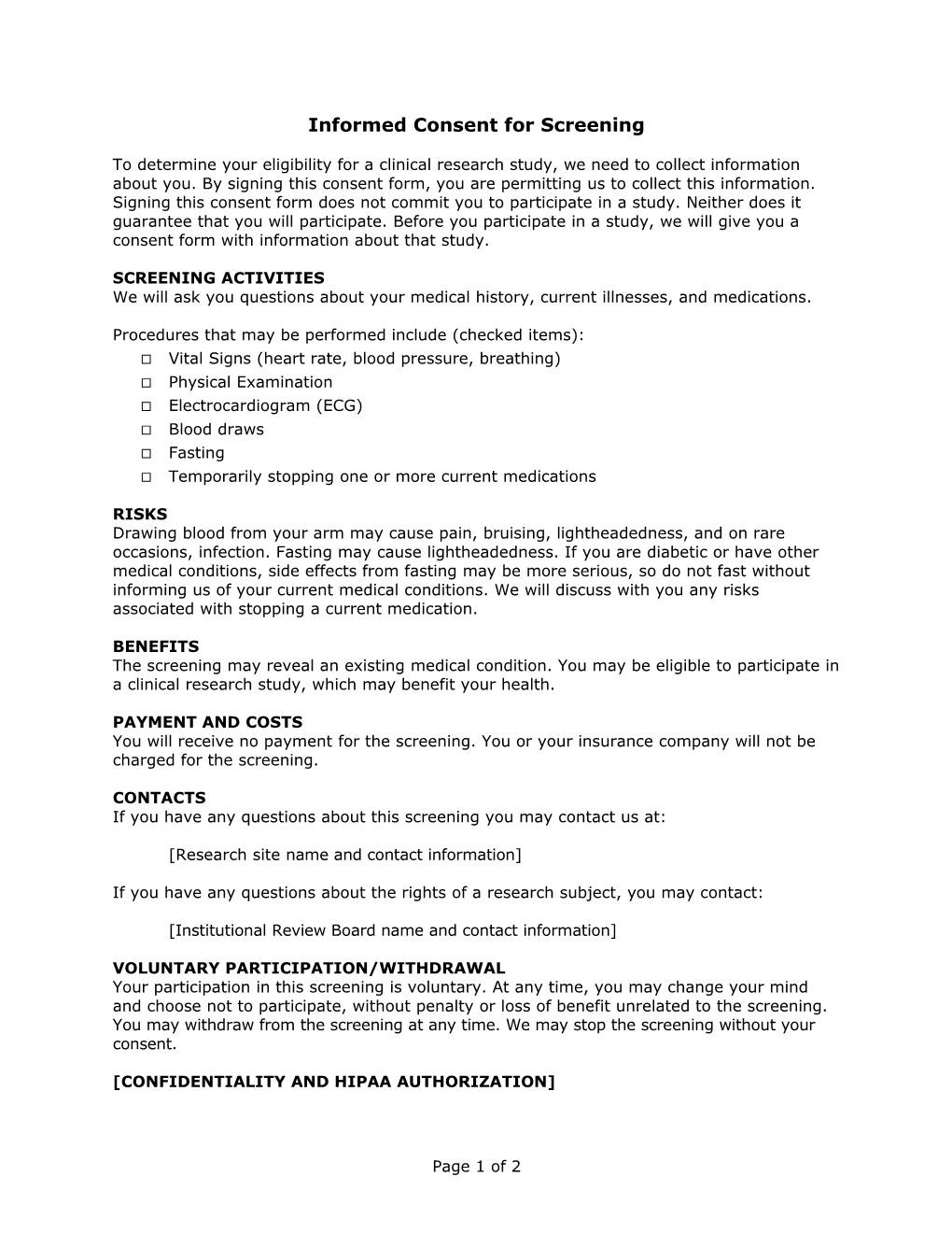 Research Subject Pre-Screening Information and Consent Form