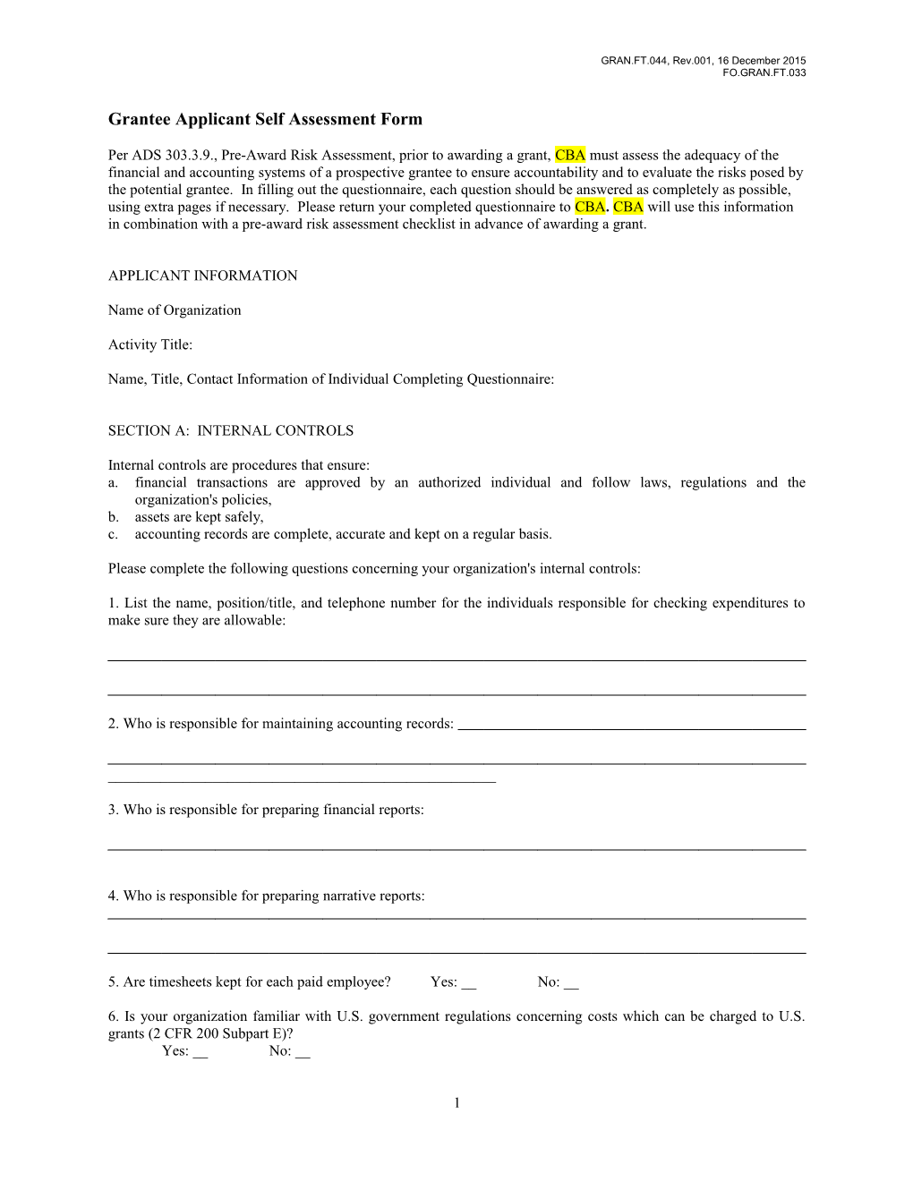 Grantee Applicant Self Assessment Form