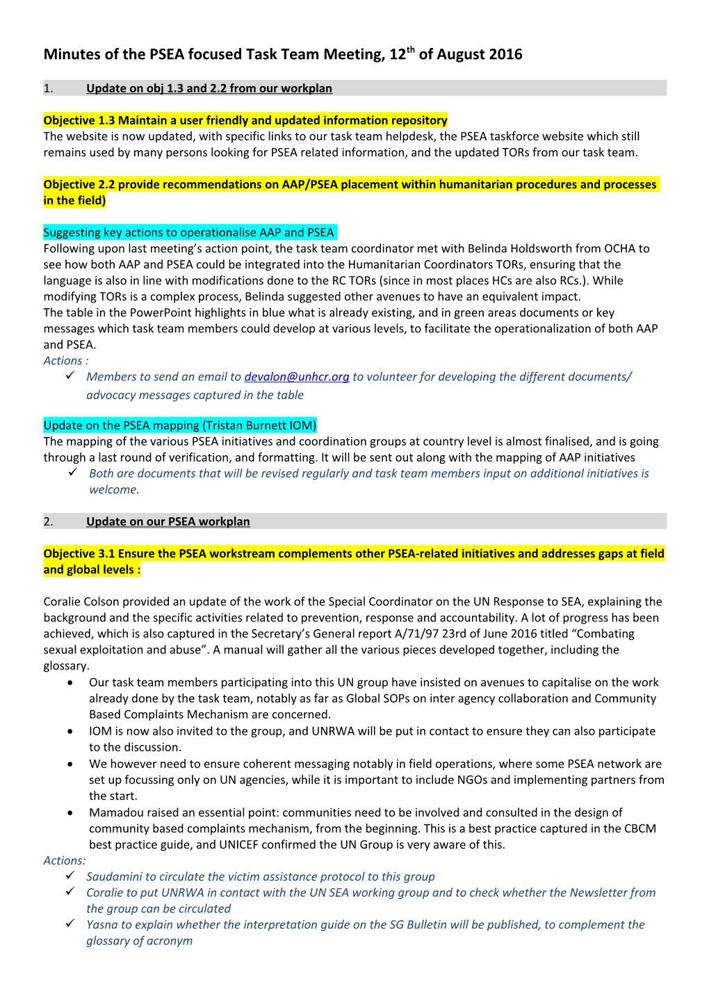 Minutes of the PSEA Focused Task Team Meeting, 12Th of August2016
