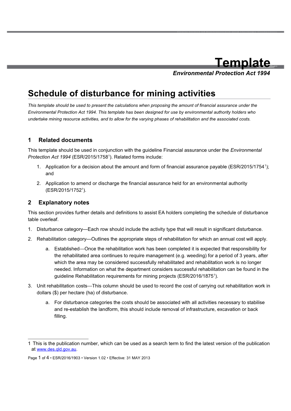 Schedule of Disturbance (Mining Activities)