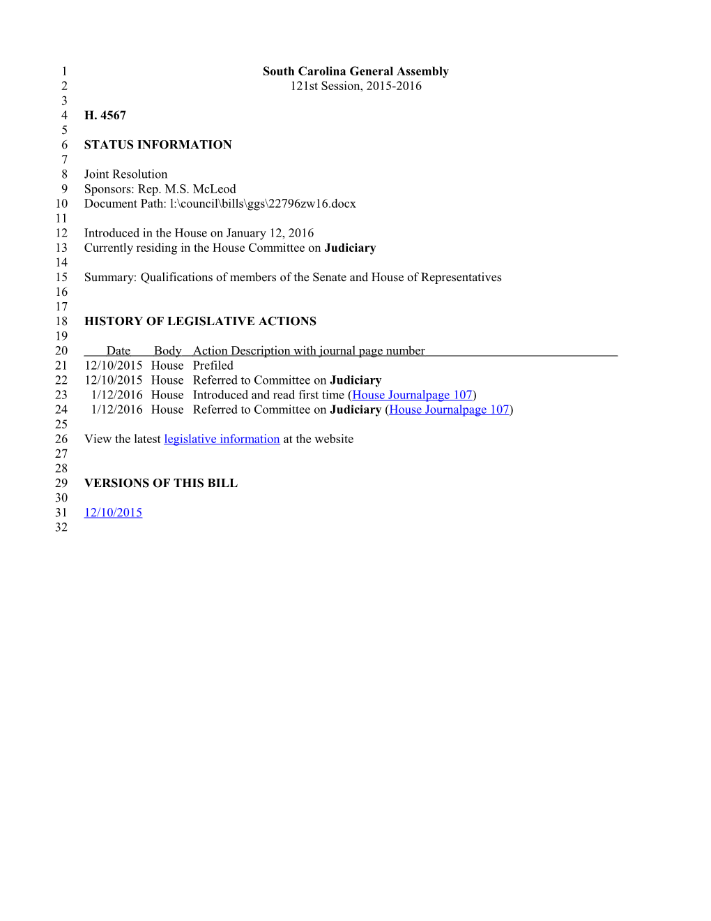 2015-2016 Bill 4567: Qualifications of Members of the Senate and House of Representatives