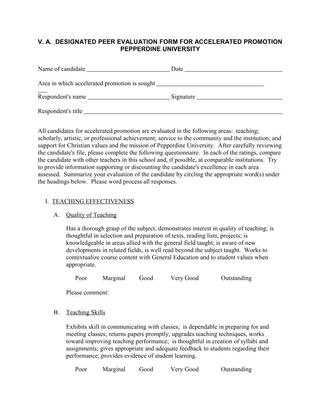 V. A. Designated Peer Evaluation Form for Accelerated Promotion