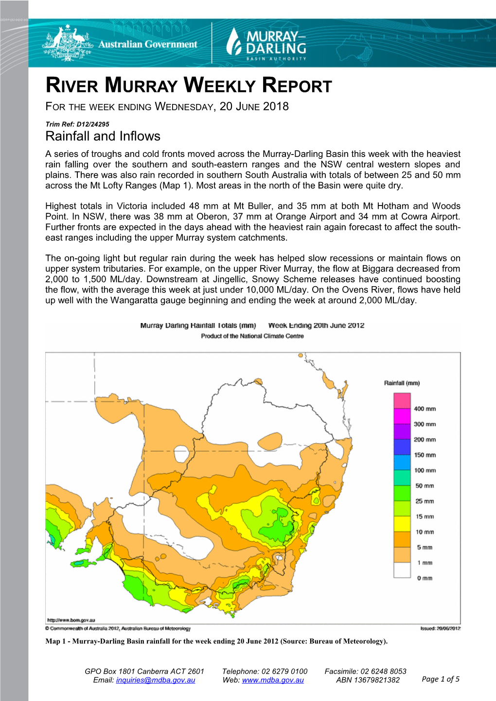 River Murray Operations Weekly Report 20Th June 2012