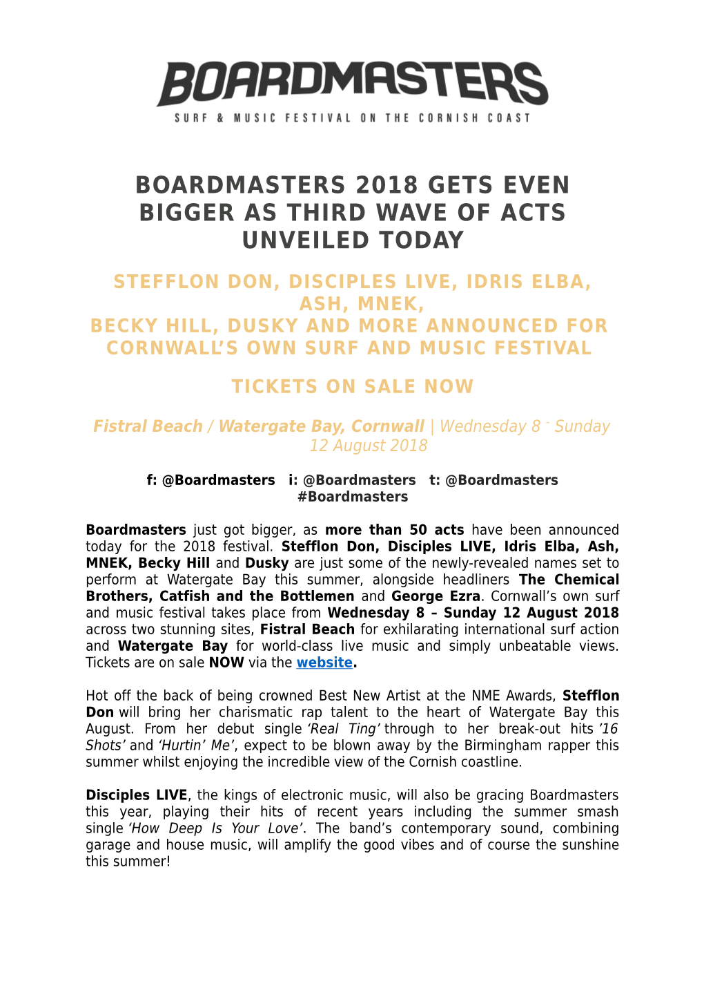 Boardmasters 2018 Gets Even Bigger As Third Wave of Acts Unveiled Today