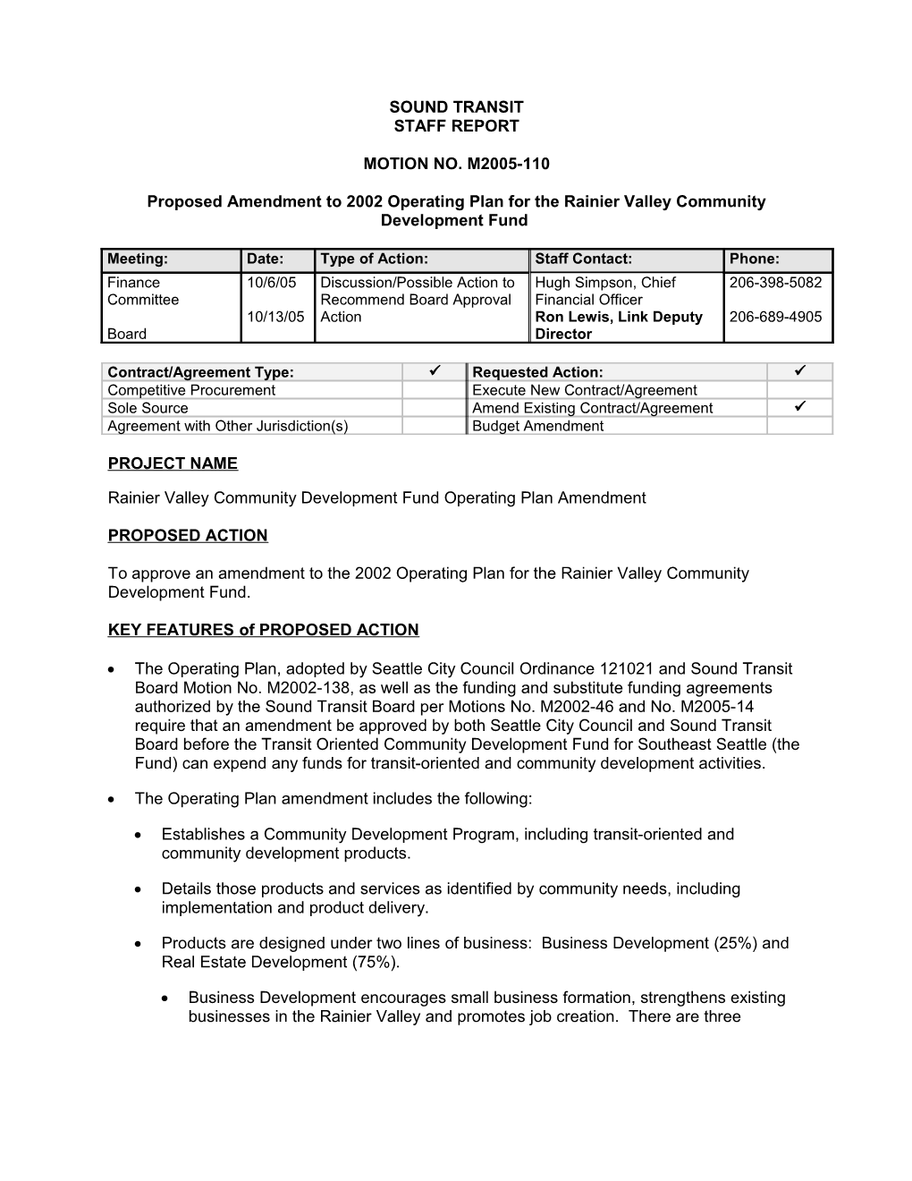 Proposed Amendment to 2002 Operating Plan for the Rainiervalley Community Development Fund