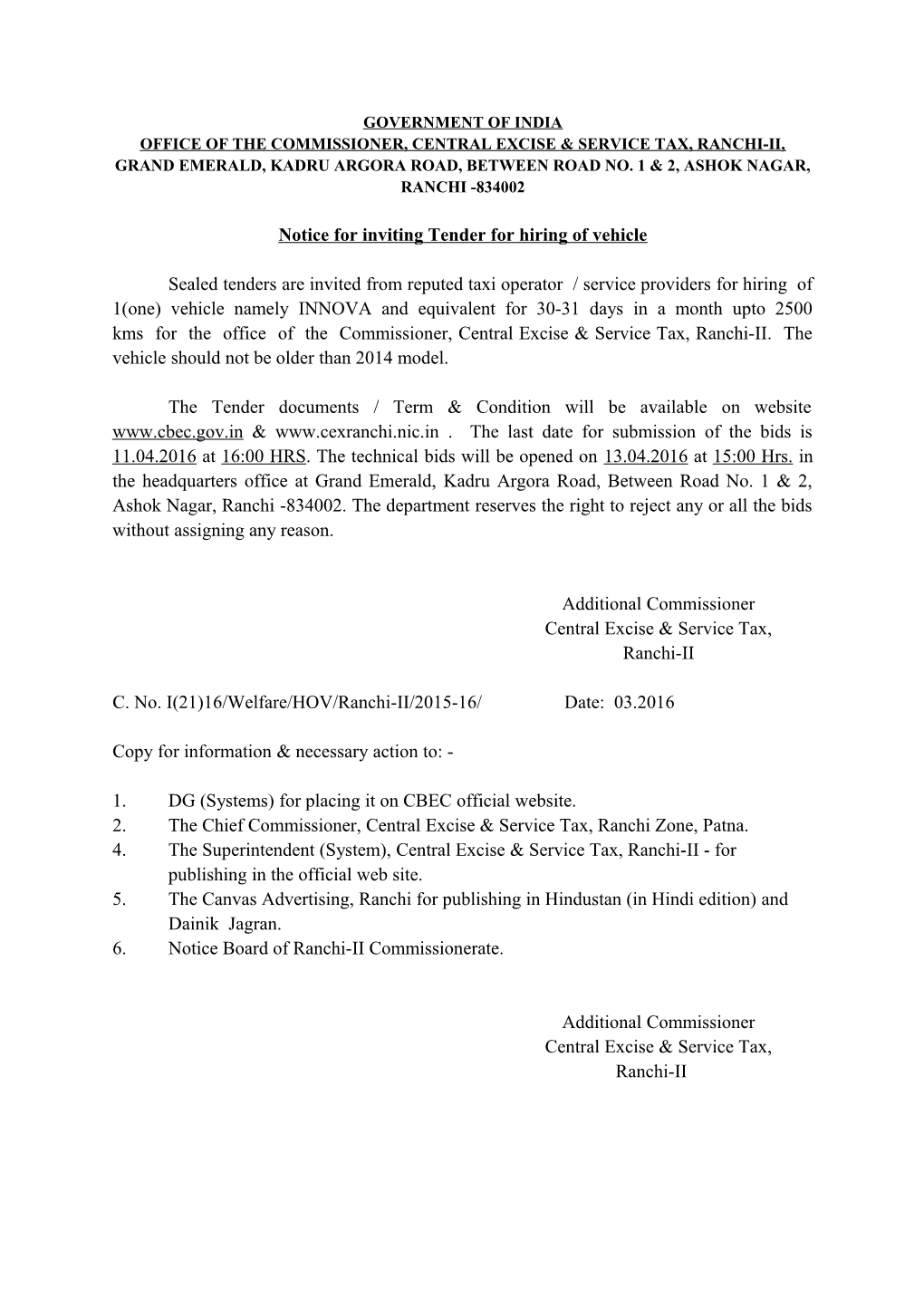 Office of the Commissioner, Central Excise & Service Tax, Ranchi-II