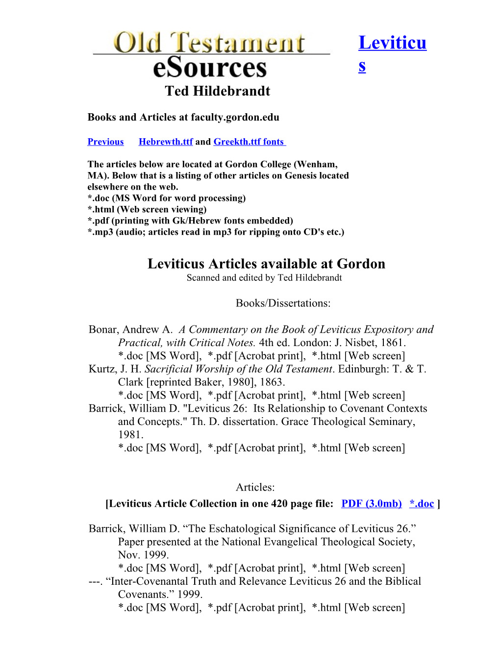 Leviticus Articles Available at Gordon