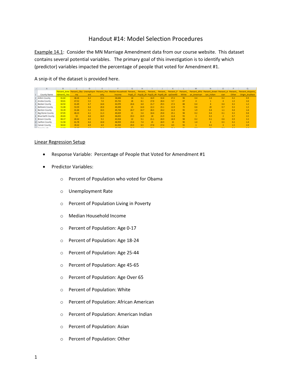 Handout #14: Model Selection Procedures