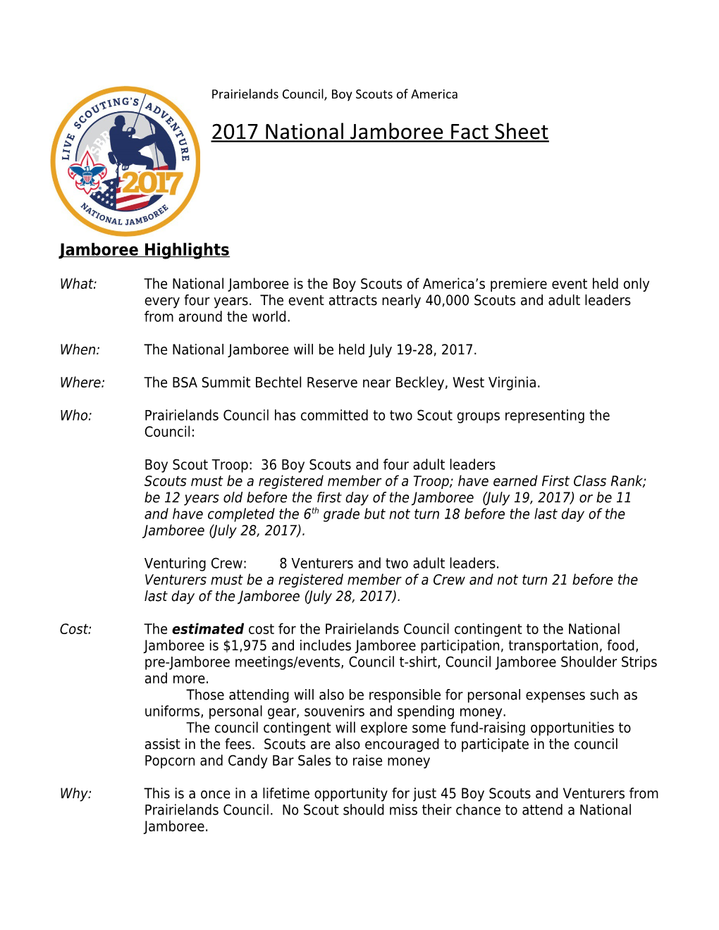 2017 National Jamboree Fact Sheet