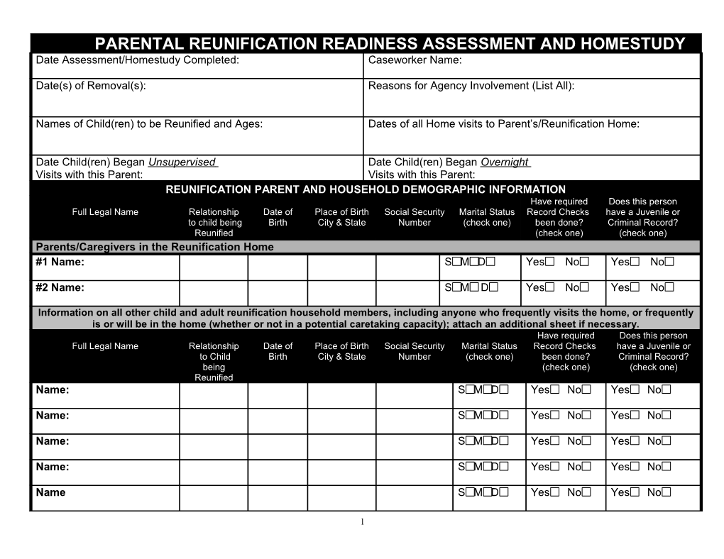 Parental Reunification Readiness Assessment and Homestudy