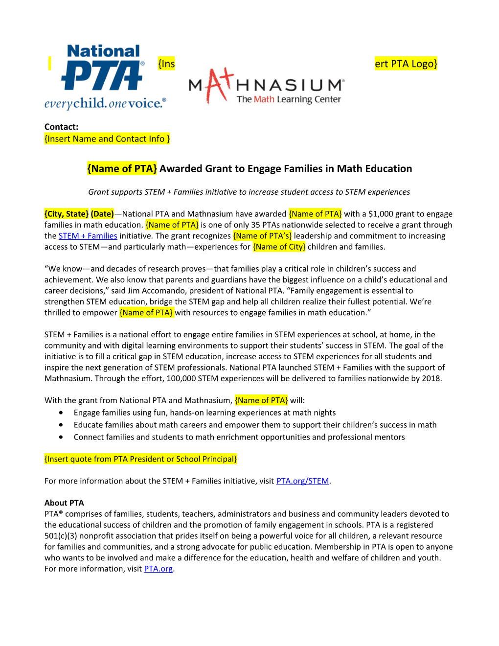 Name of PTA Awarded Grantto Engage Families in Math Education