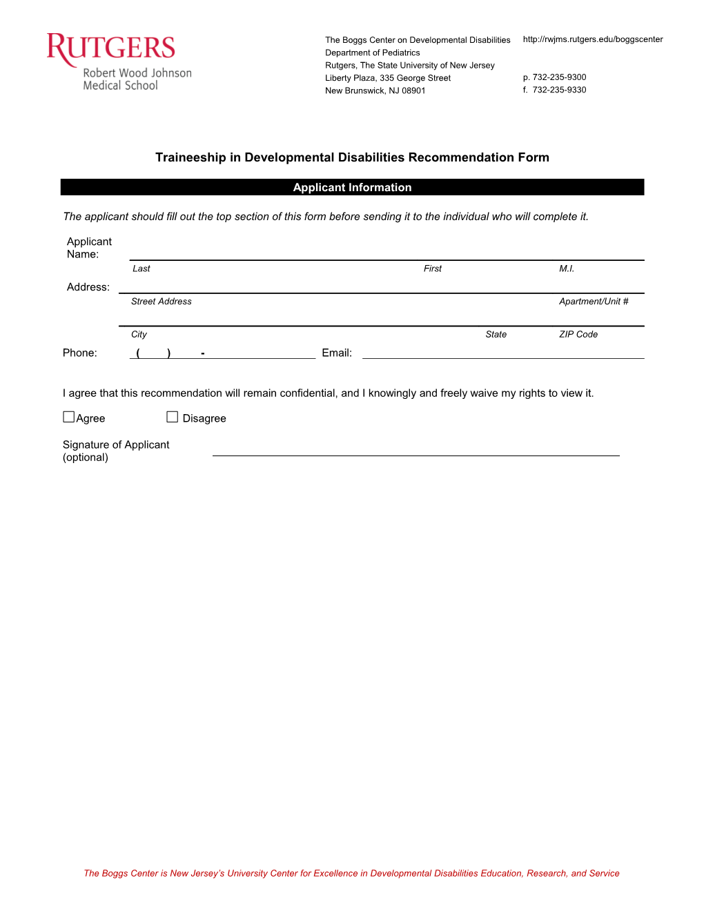 Traineeship in Developmental Disabilities Recommendation Form