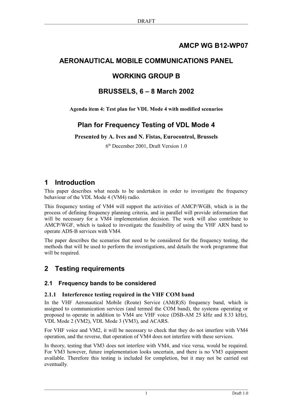 Plan for Frequency Testing of VDL Mode 4