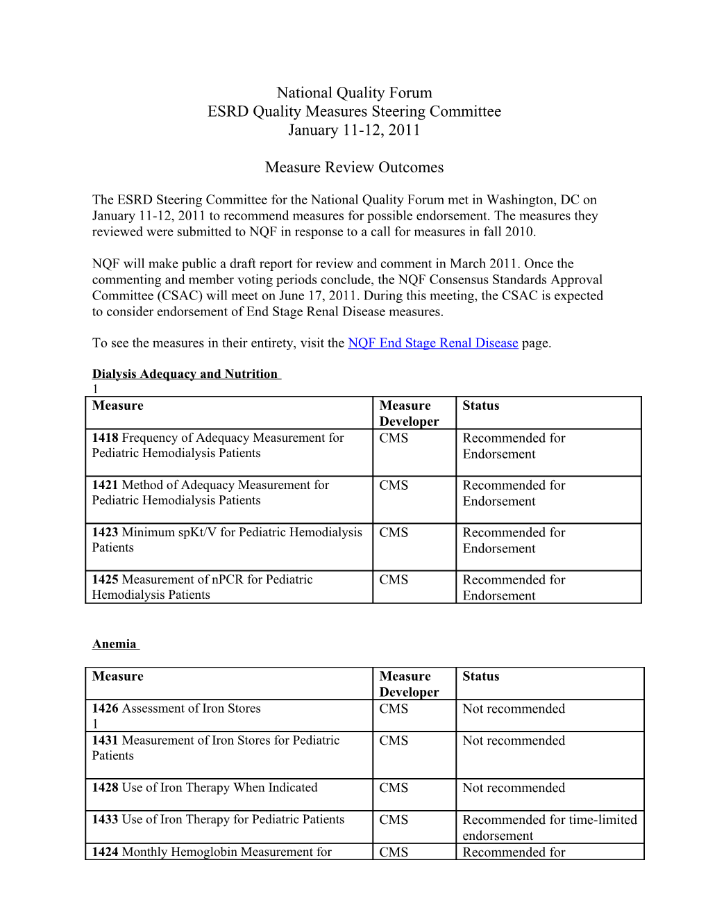 NQF Steering Committe Jan 2011 Outcomes