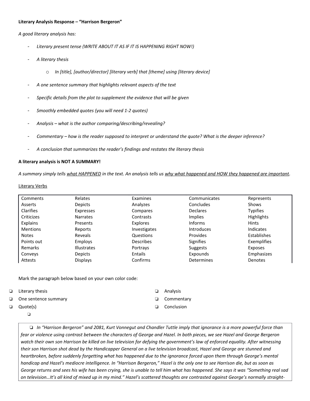 Literary Analysis Response Harrison Bergeron