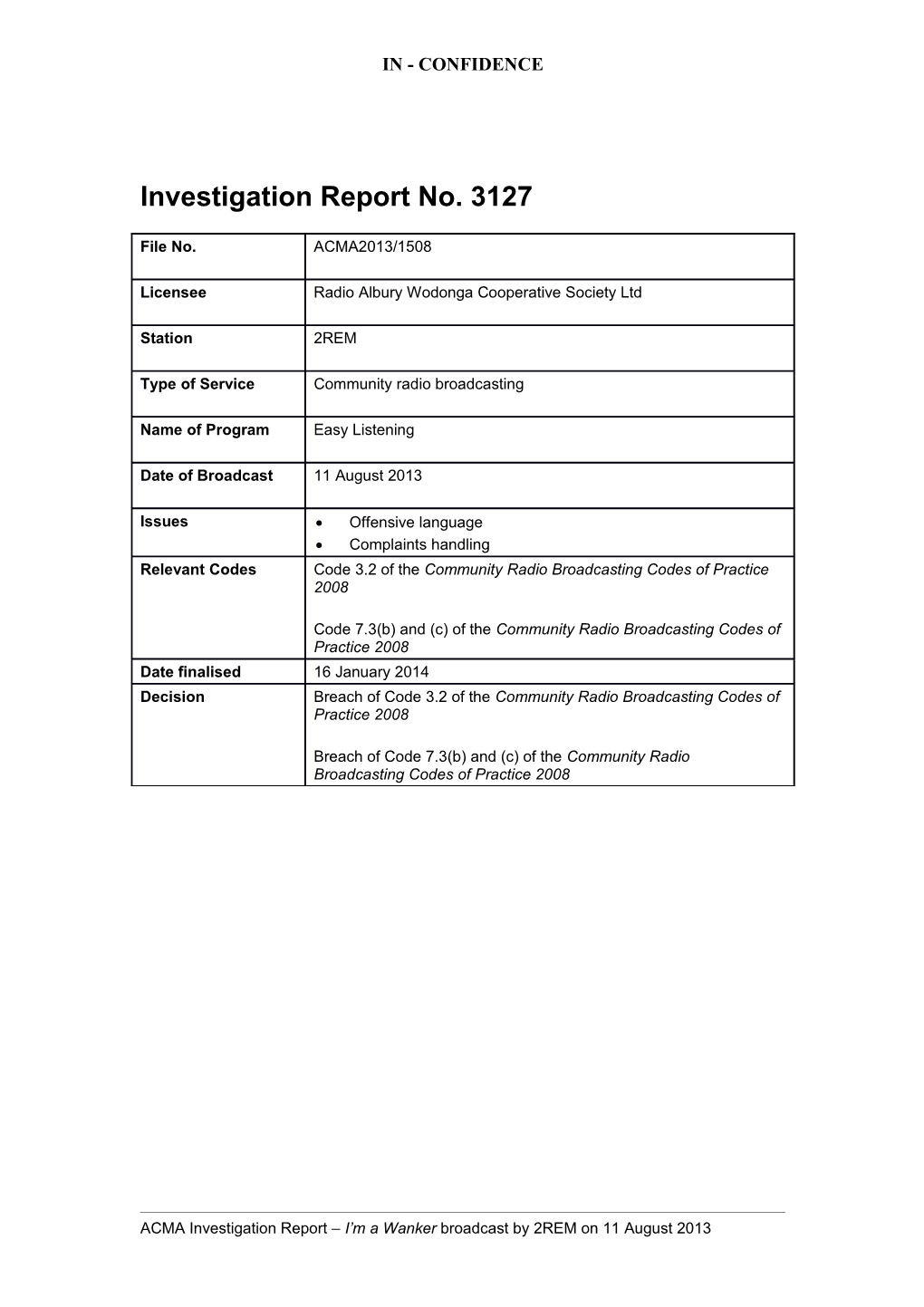 Investigation Report No. 3127