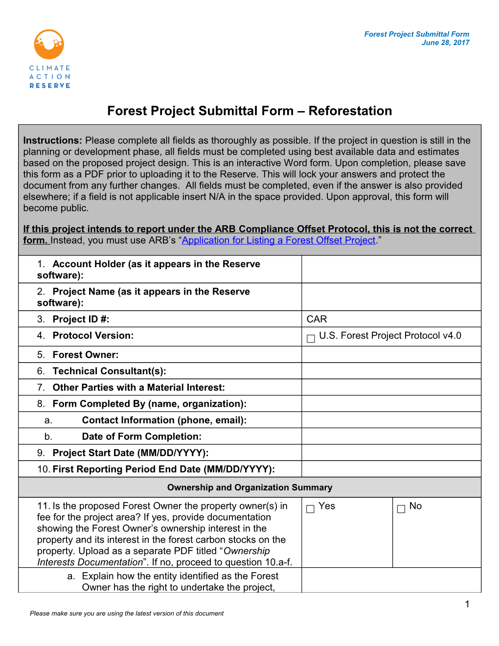 Forest Project Submittal Form Reforestation