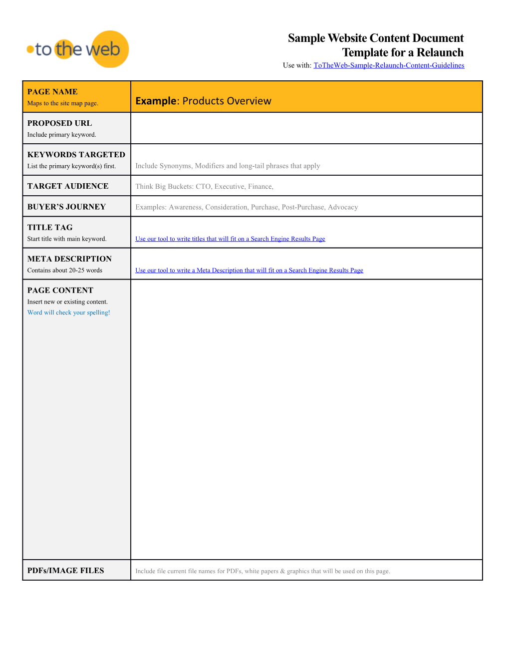 Sample Content Document Template for Website Relaunch