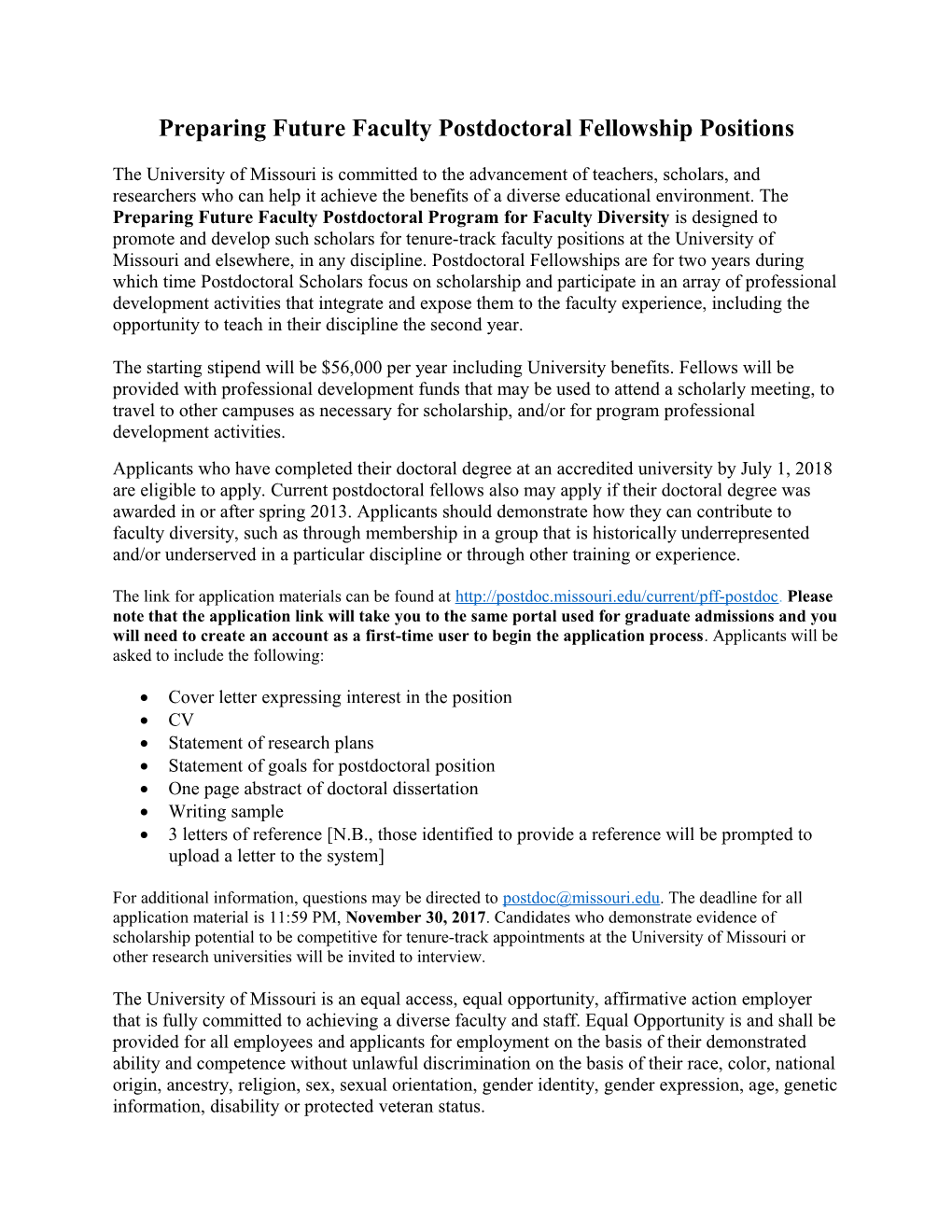 Preparing Future Faculty Postdoctoral Fellowship Positions