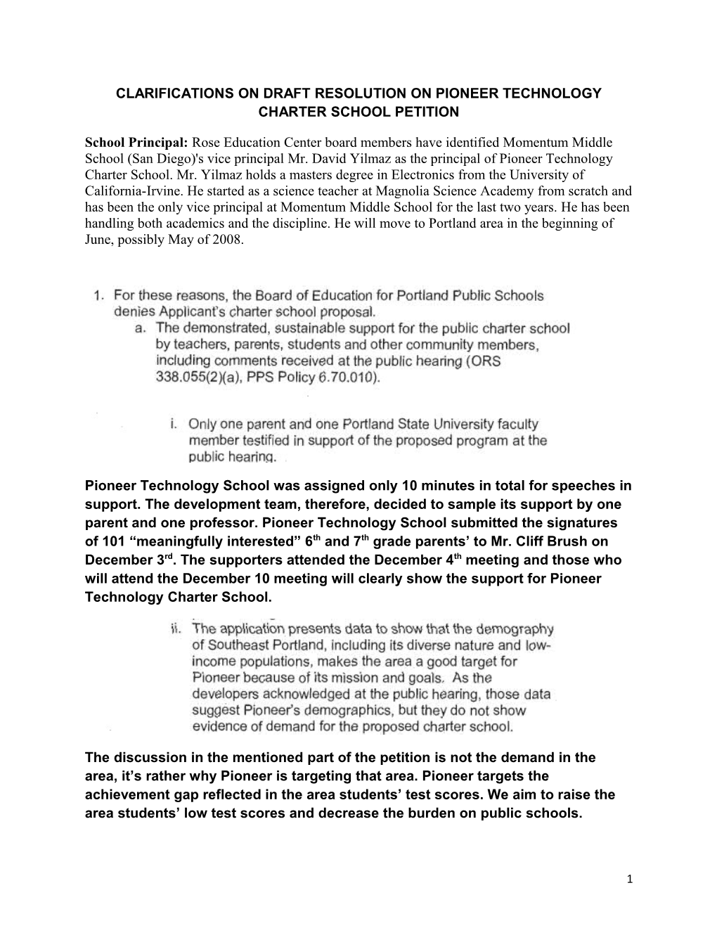 Clarifications on Draft Resolution on Pioneer Technology Charter School Petition