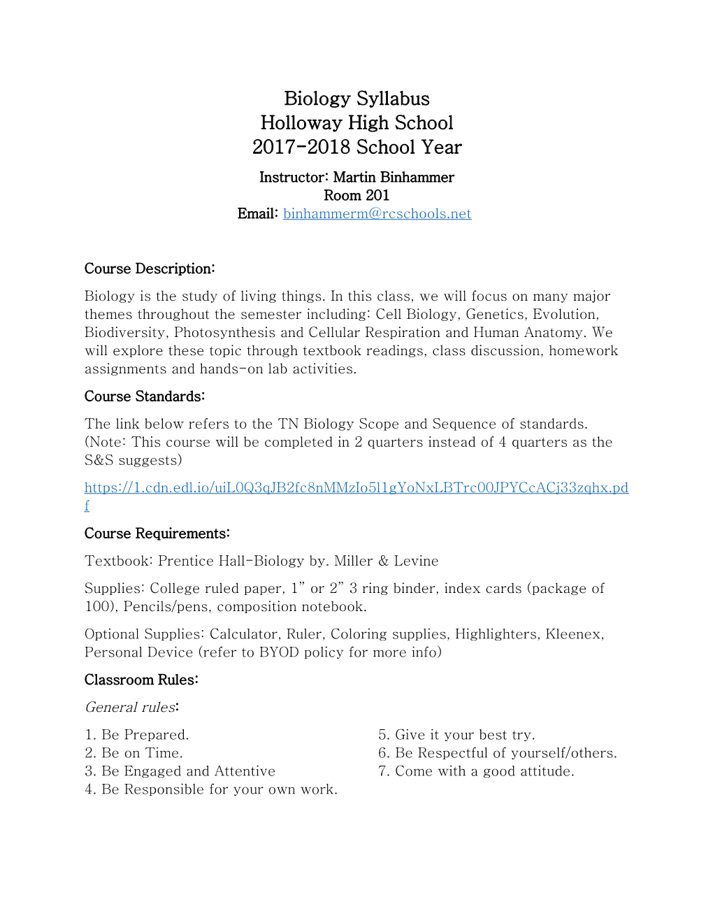 Biology Syllabus Holloway High School 2017-2018 School Year