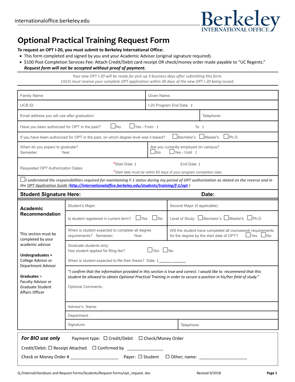 Optional Practical Training Request Form