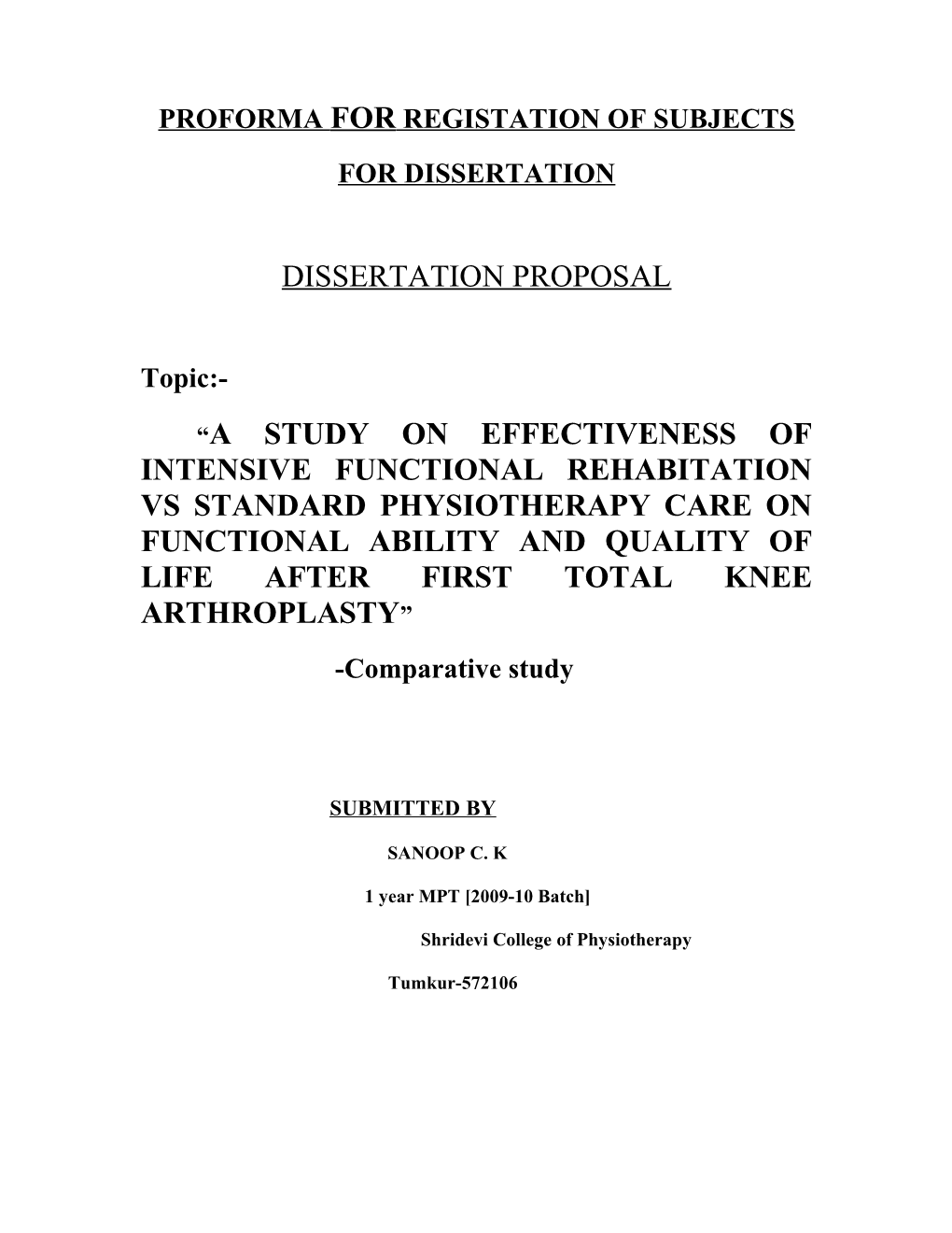 Proforma for Registation of Subjects