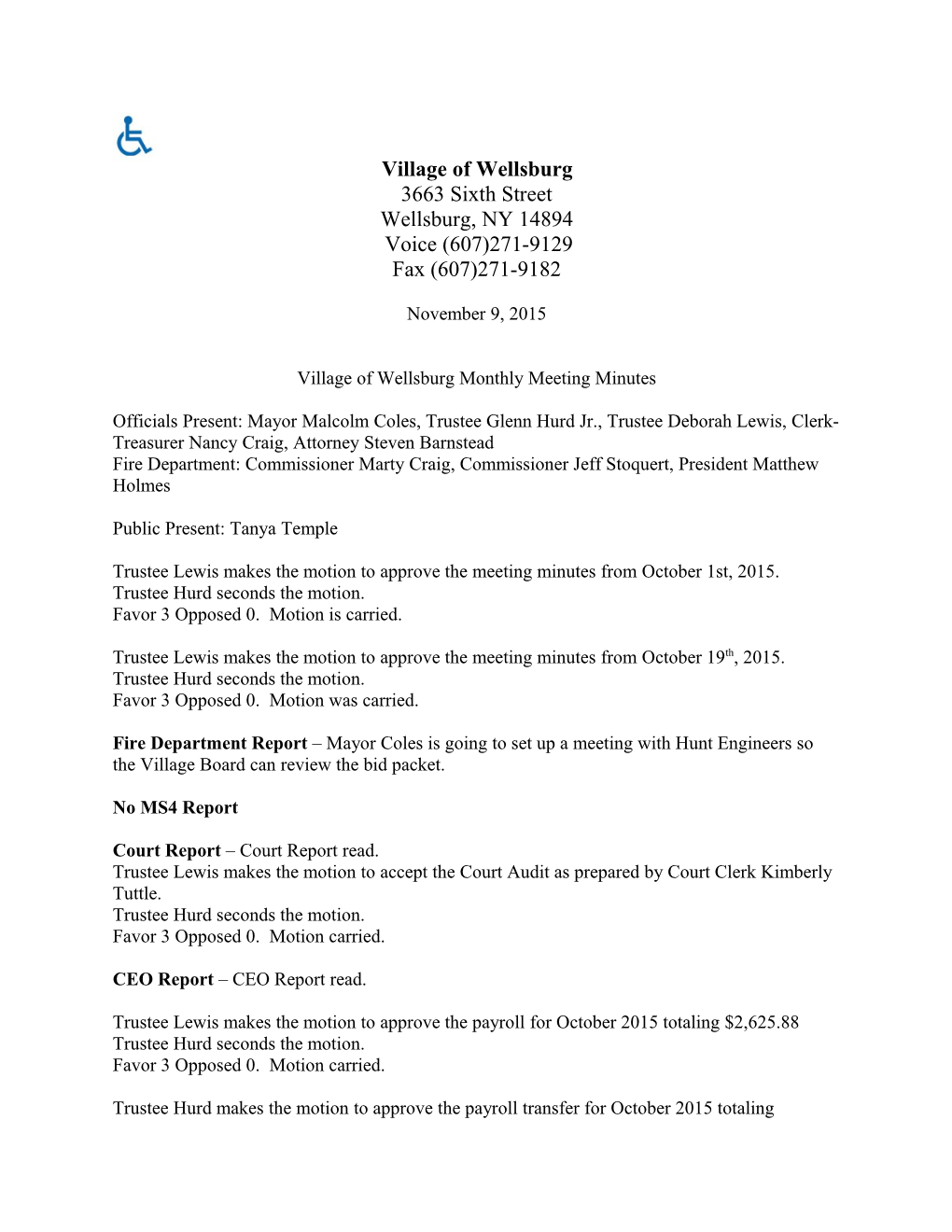 Village of Wellsburg Monthly Meeting Minutes