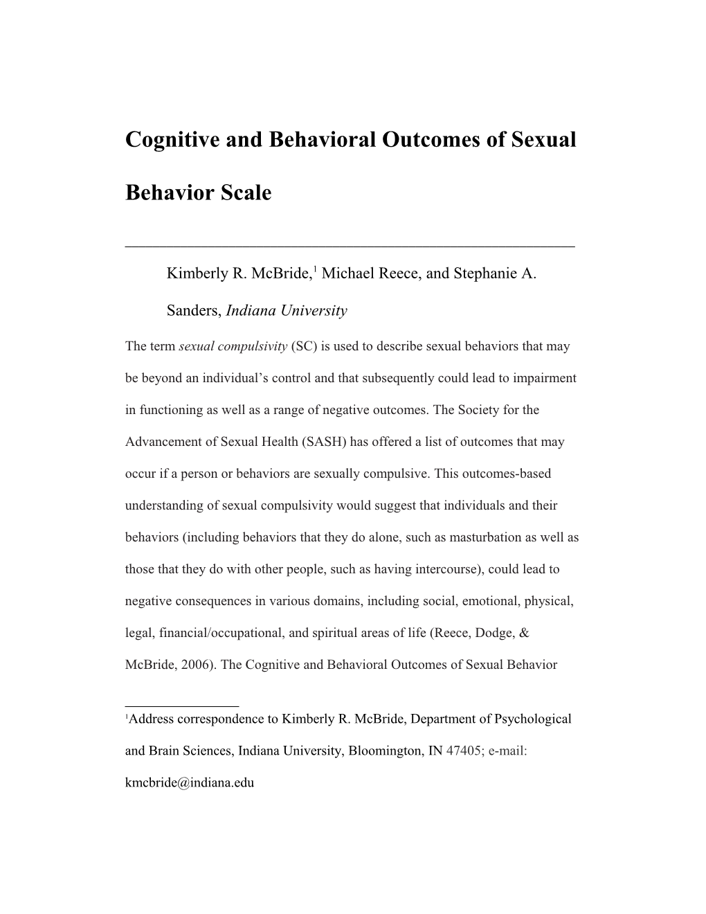 Cognitive and Behavioral Outcomes of Sexual Behavior Scale