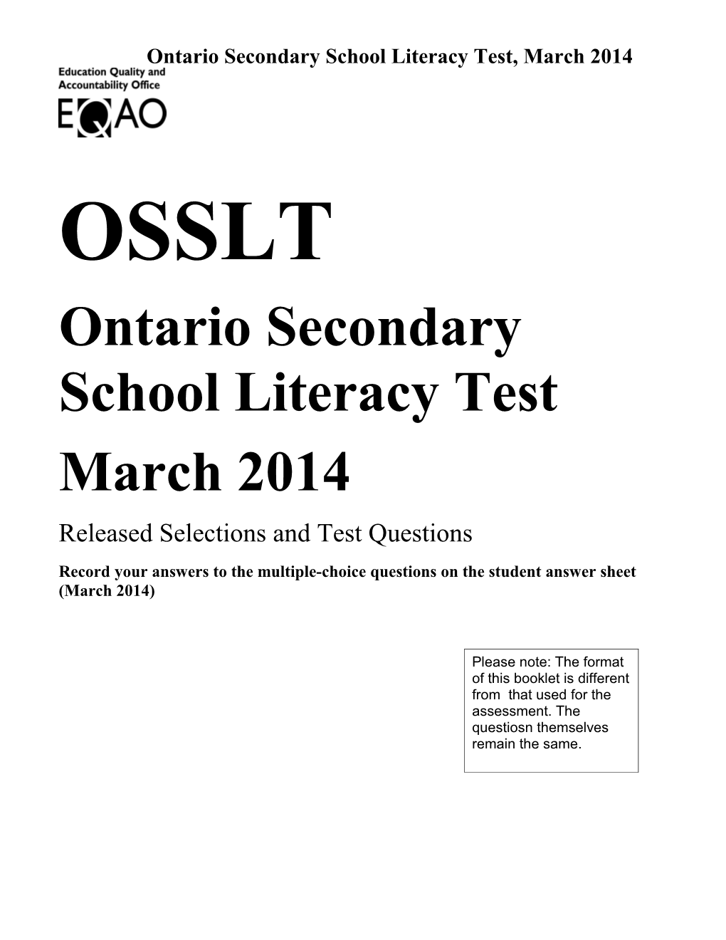 OSSLT, Sample Assessment Booklet: Word Optimized for Premier, 2014
